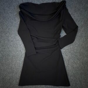 H&M Black Drape Cowl Neck Long Sleeve Ruched Mini Dress O/N 980180 Size M